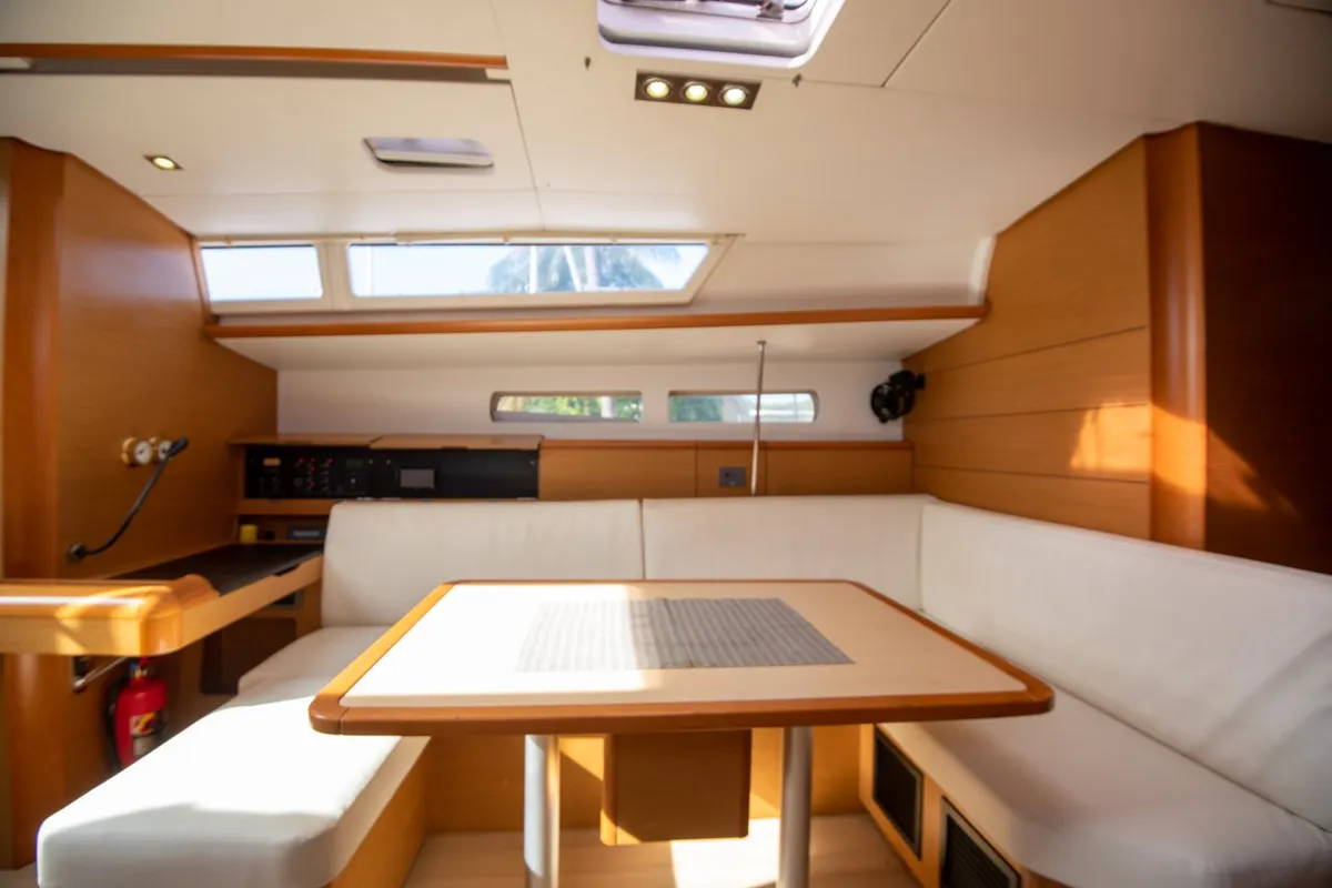 Salon of Aurora Belle, a Jeanneau Sun Odyssey 469 sailboat at Mai Khao, Thailand