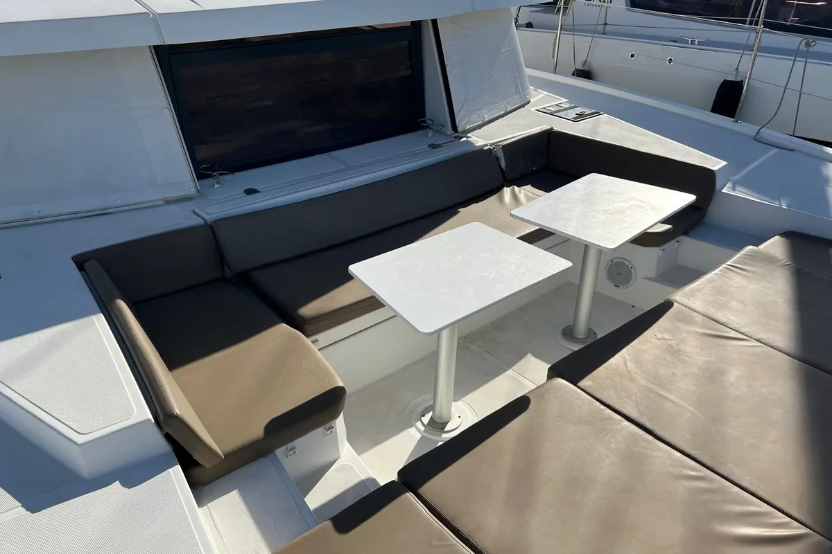Deck of Paola, a Bali 4.1 catamaran at Capo d'Orlando, Italy
