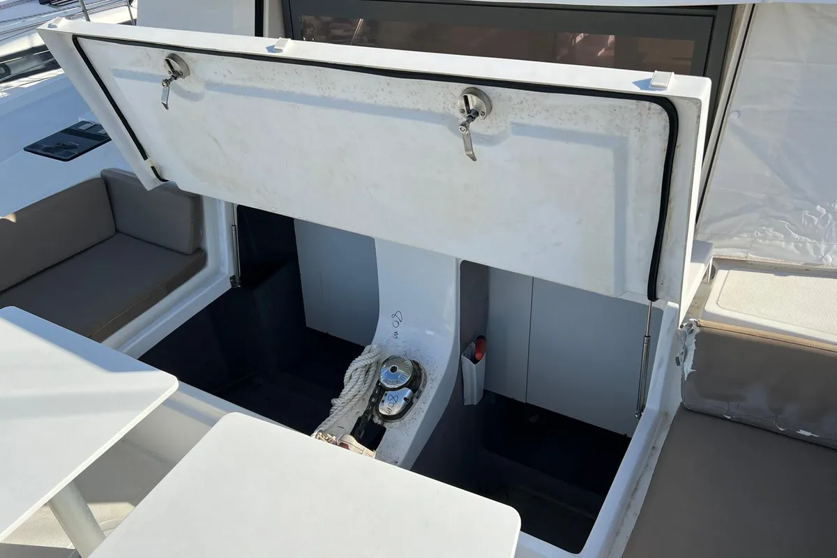Deck of Paola, a Bali 4.1 catamaran at Capo d'Orlando, Italy