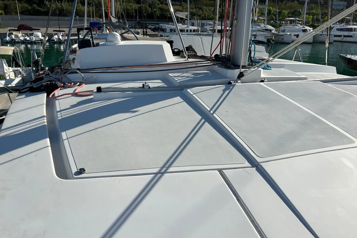 Deck of Paola, a Bali 4.1 catamaran at Capo d'Orlando, Italy