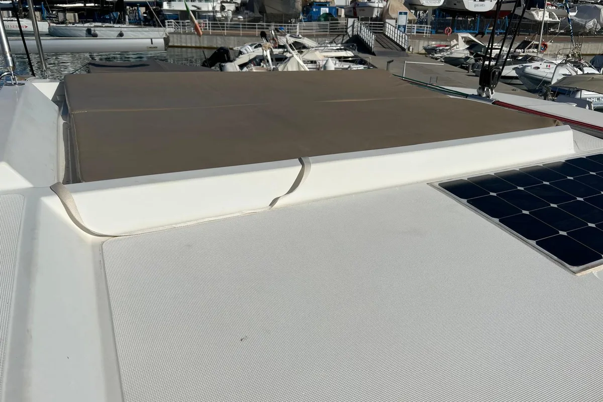 Deck of Paola, a Bali 4.1 catamaran at Capo d'Orlando, Italy