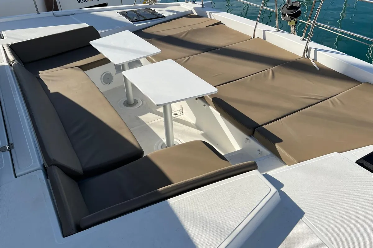 Deck of Paola, a Bali 4.1 catamaran at Capo d'Orlando, Italy