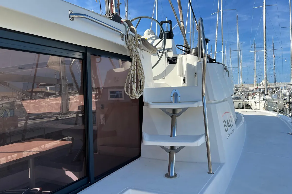 Exterior view of Paola, a Bali 4.1 catamaran at Capo d'Orlando, Italy