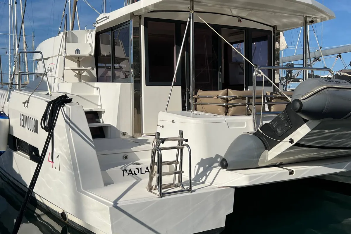 Exterior view of Paola, a Bali 4.1 catamaran at Capo d'Orlando, Italy