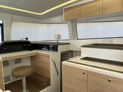Cockpit of Paola, a Bali 4.1 catamaran at Capo d'Orlando, Italy