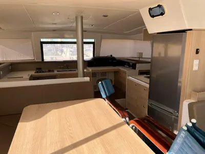 Salon of Paola, a Bali 4.1 catamaran at Capo d'Orlando, Italy