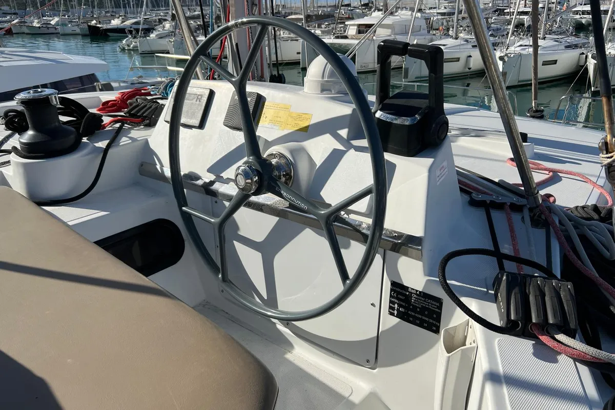 Cockpit of Paola, a Bali 4.1 catamaran at Capo d'Orlando, Italy