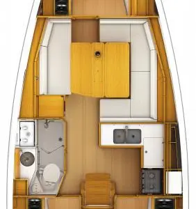 Floor plan of Freiheit, a Jeanneau Sun Odyssey 389 sailboat at Heiligenhafen, Germany