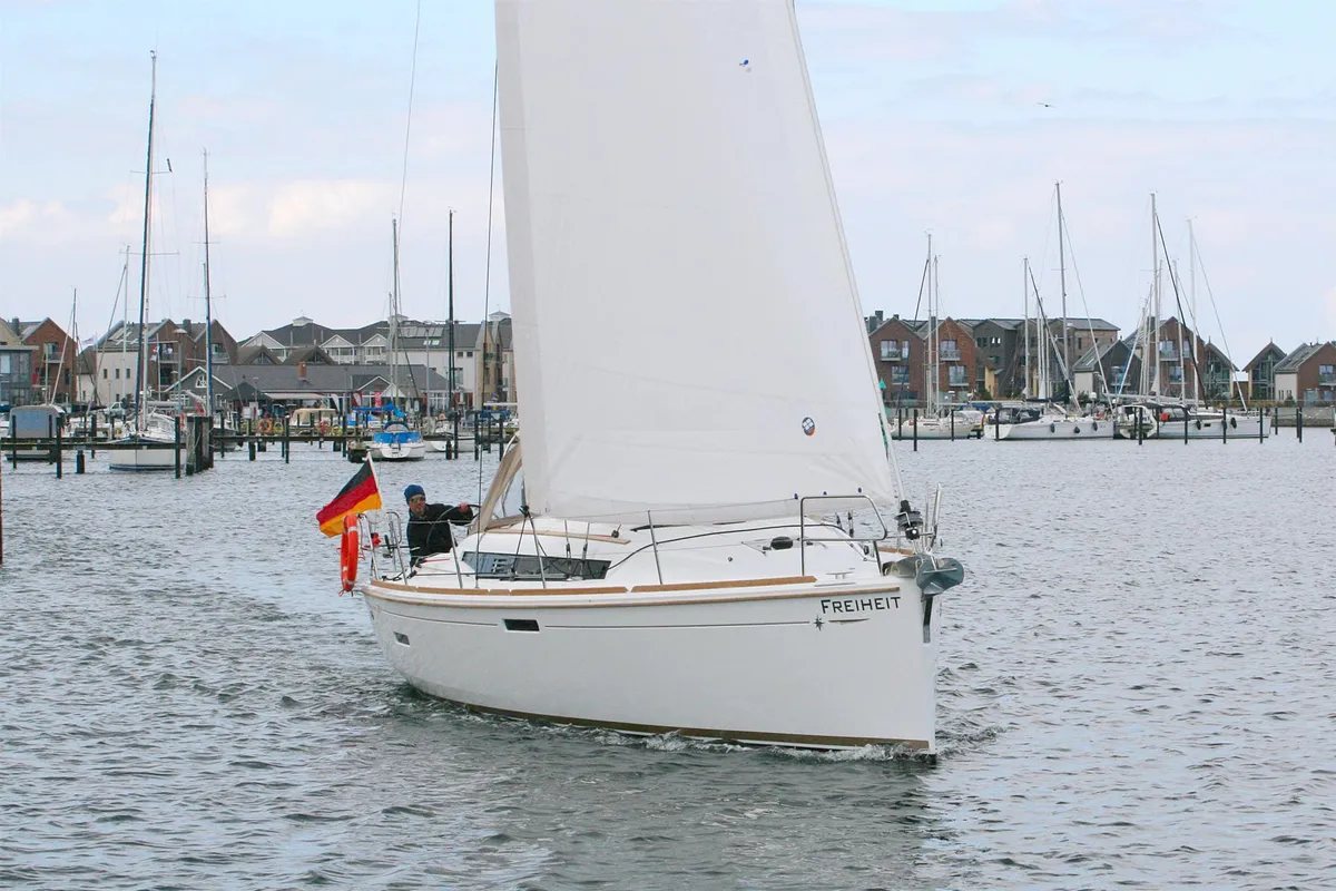 Exterior view of Freiheit, a Jeanneau Sun Odyssey 389 sailboat at Heiligenhafen, Germany
