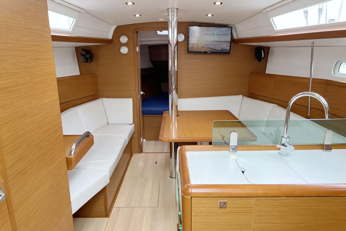 Salon of Freiheit, a Jeanneau Sun Odyssey 389 sailboat at Heiligenhafen, Germany