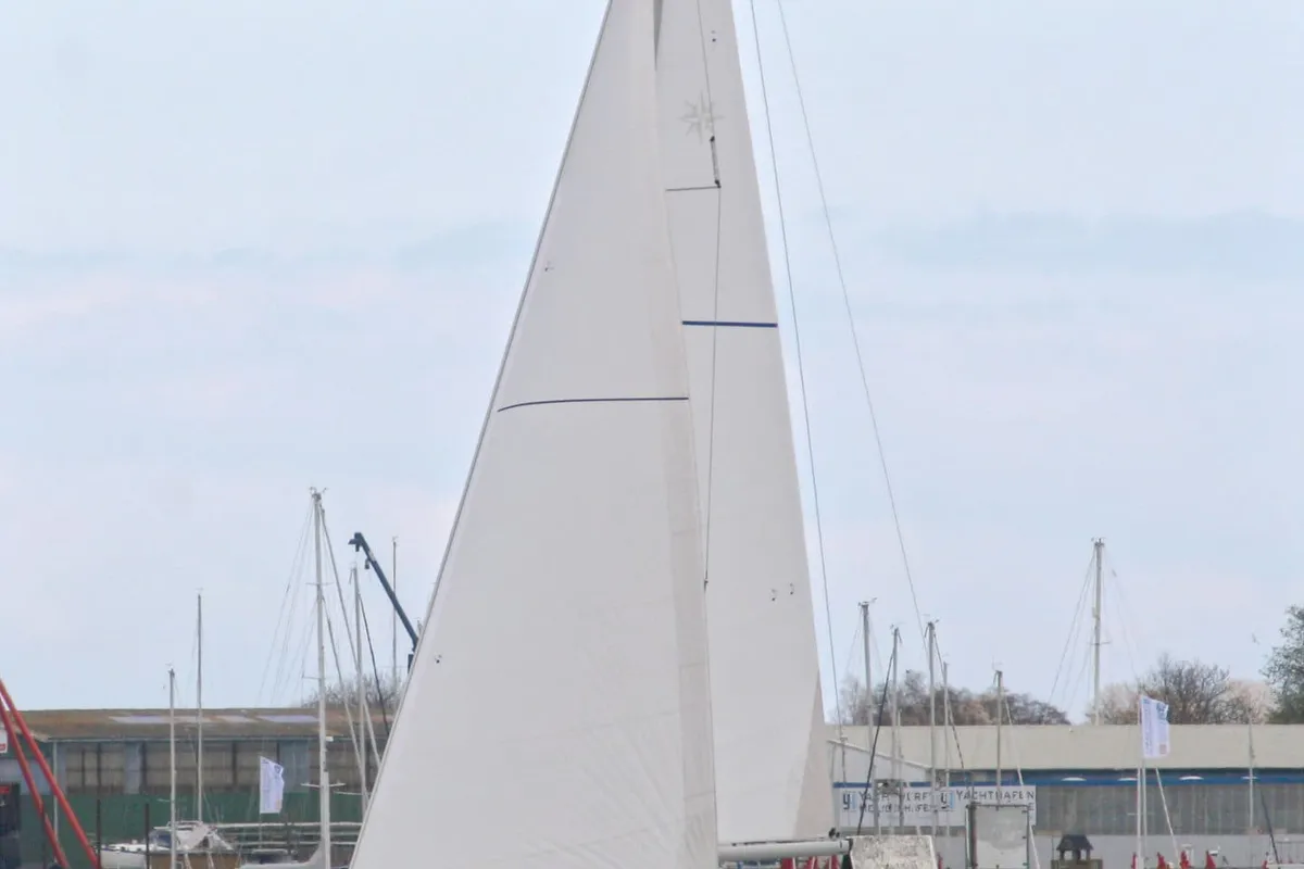 Exterior view of Freiheit, a Jeanneau Sun Odyssey 389 sailboat at Heiligenhafen, Germany