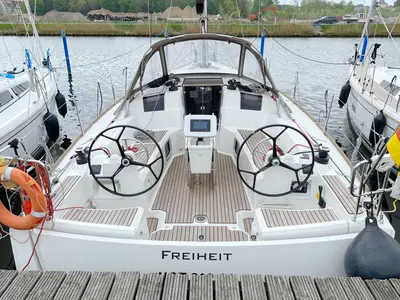 Cockpit of Freiheit, a Jeanneau Sun Odyssey 389 sailboat at Heiligenhafen, Germany