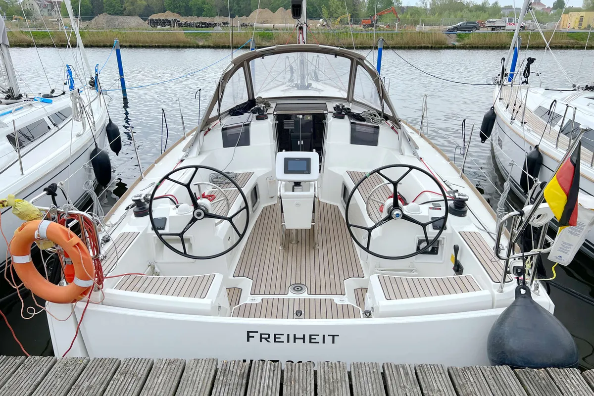 Cockpit of Freiheit, a Jeanneau Sun Odyssey 389 sailboat at Heiligenhafen, Germany
