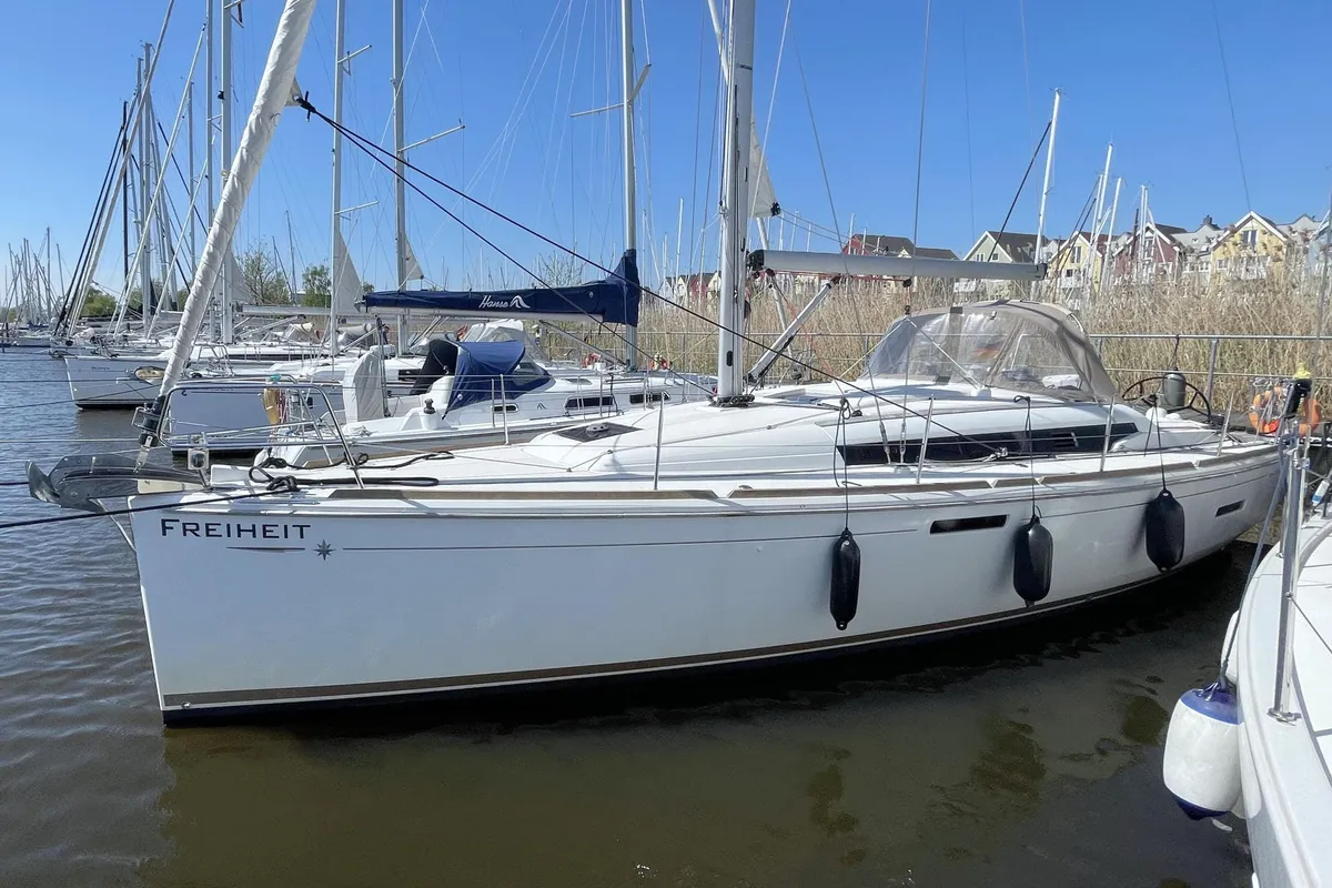 Exterior view of Freiheit, a Jeanneau Sun Odyssey 389 sailboat at Heiligenhafen, Germany