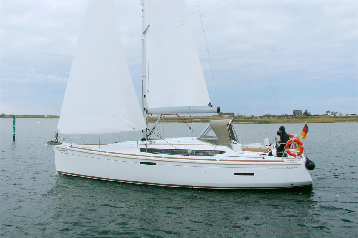 Exterior view of Freiheit, a Jeanneau Sun Odyssey 389 sailboat at Heiligenhafen, Germany