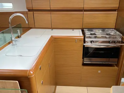 Galley of Freiheit, a Jeanneau Sun Odyssey 389 sailboat at Heiligenhafen, Germany