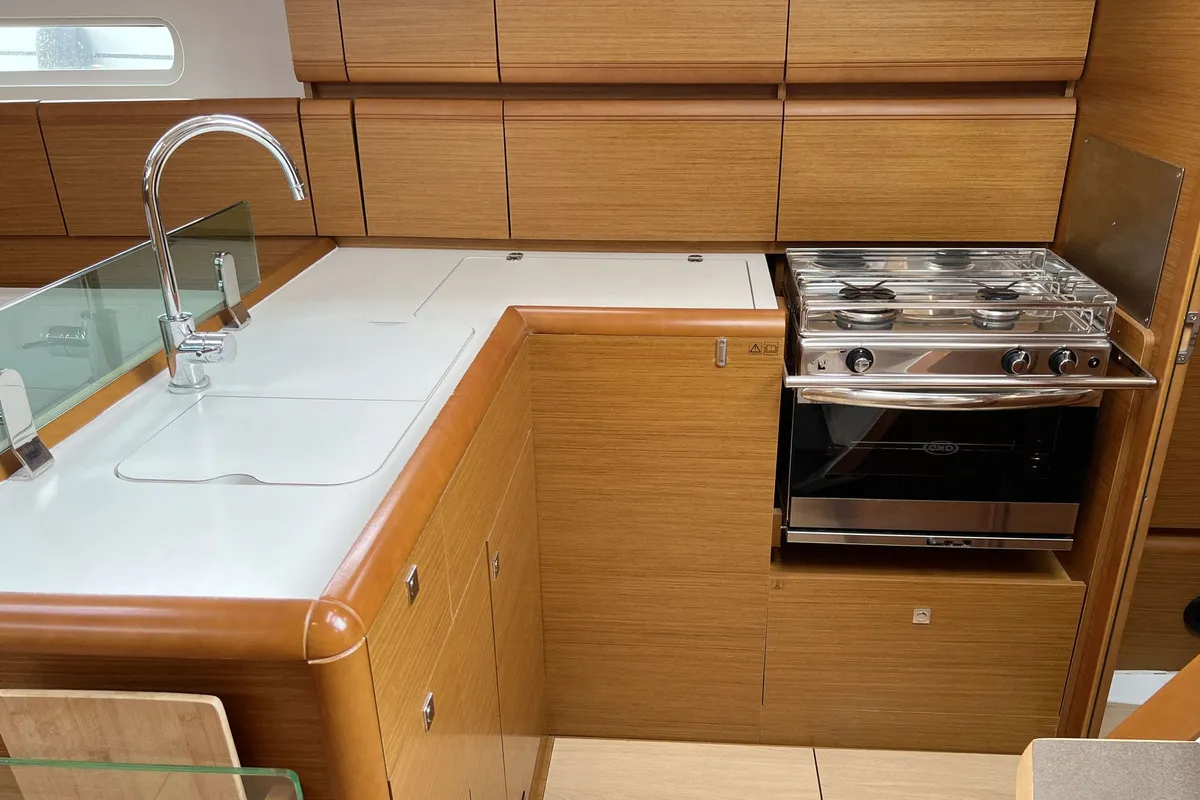 Galley of Freiheit, a Jeanneau Sun Odyssey 389 sailboat at Heiligenhafen, Germany