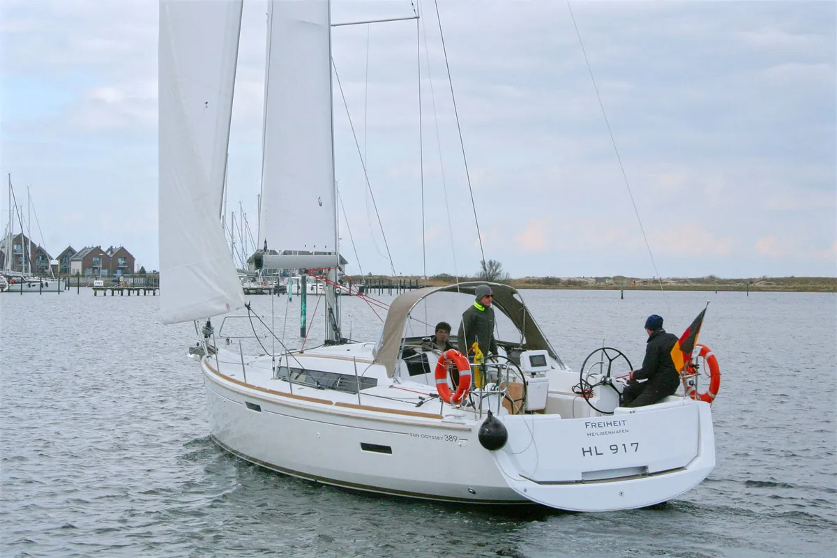 Exterior view of Freiheit, a Jeanneau Sun Odyssey 389 sailboat at Heiligenhafen, Germany
