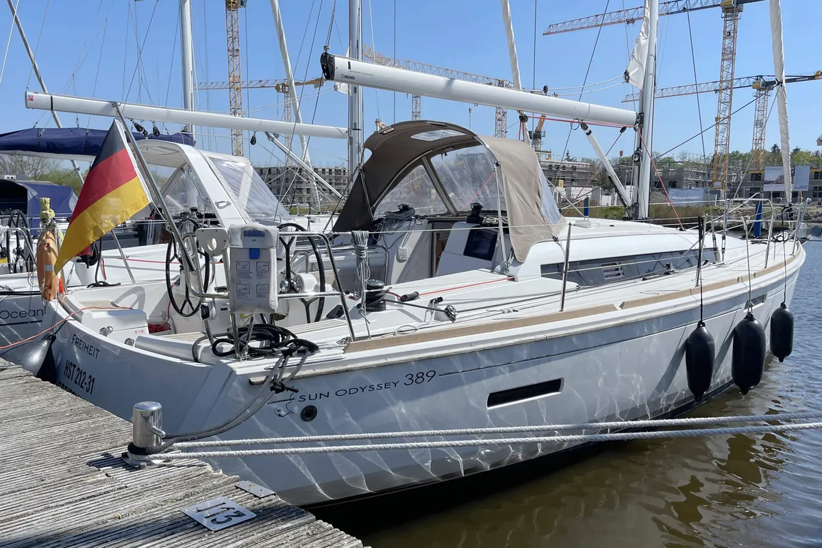 Deck of Freiheit, a Jeanneau Sun Odyssey 389 sailboat at Heiligenhafen, Germany