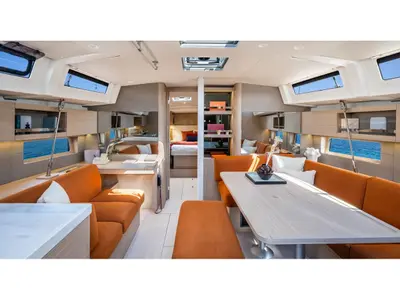Salon of Nina, a Beneteau Oceanis 47 sailboat at Olbia, Italy