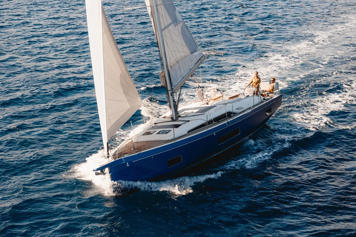 Exterior view of Nina, a Beneteau Oceanis 47 sailboat at Olbia, Italy
