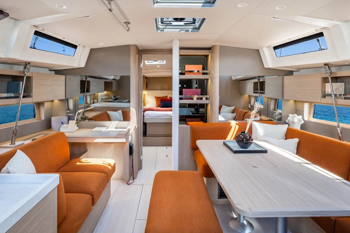 Salon of Nina, a Beneteau Oceanis 47 sailboat at Olbia, Italy