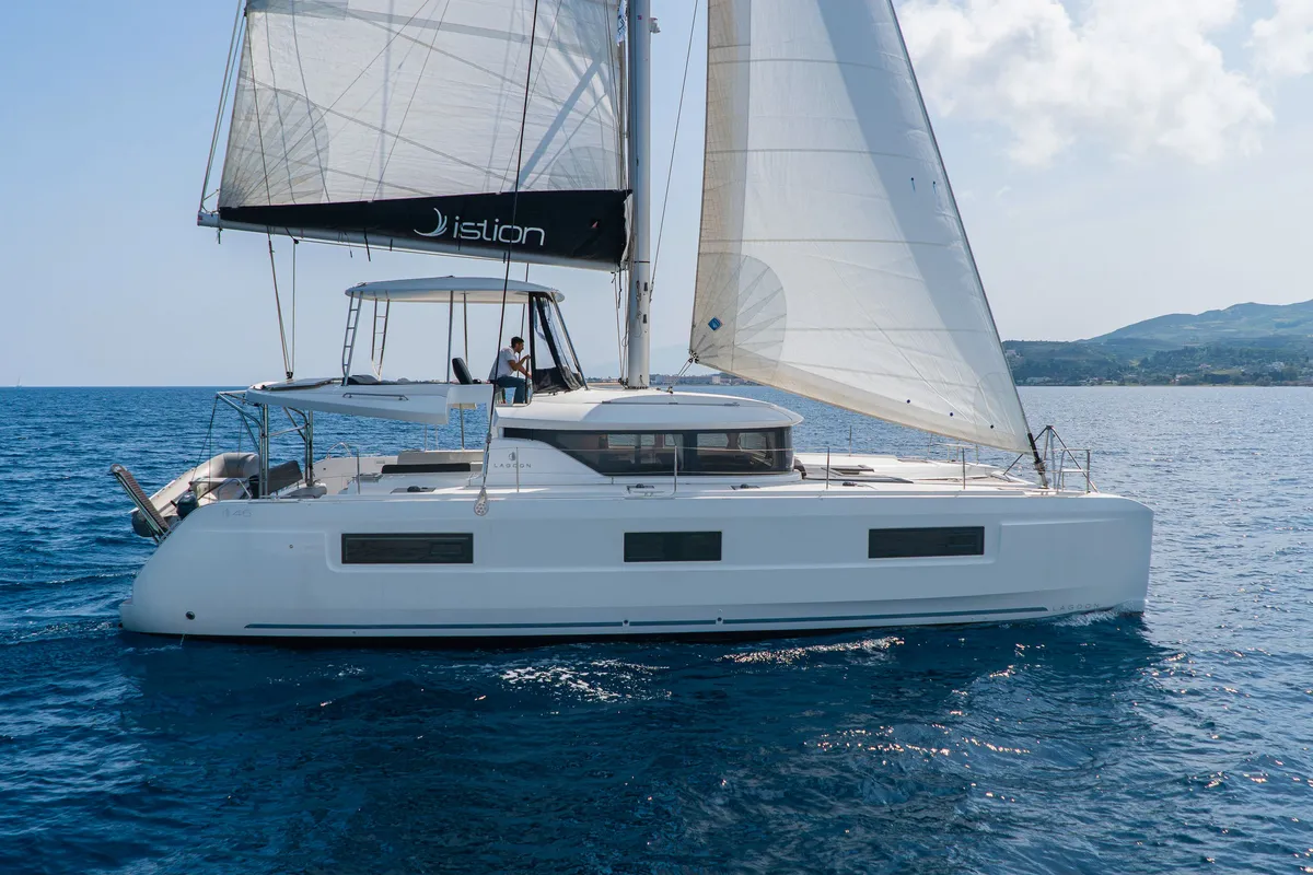 Exterior view of Lucky Dragon, a Lagoon 46 catamaran at Kos, Greece