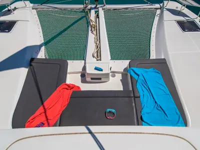 Deck of Lucky Dragon, a Lagoon 46 catamaran at Kos, Greece