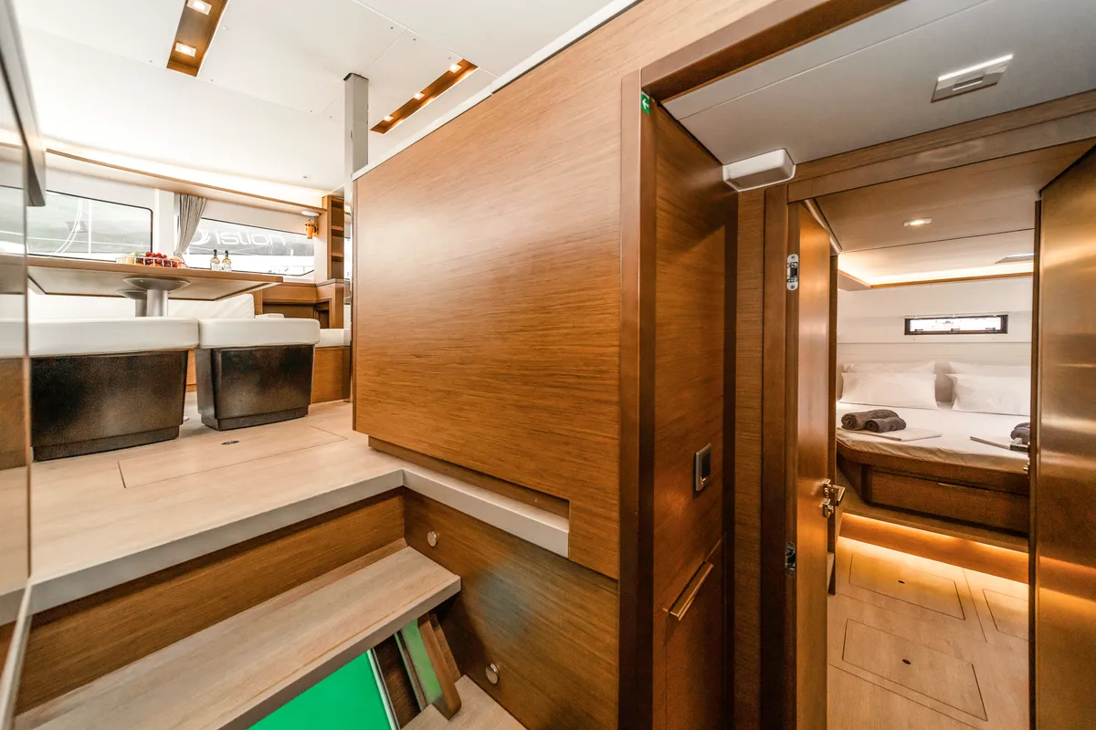 Salon of Lucky Dragon, a Lagoon 46 catamaran at Kos, Greece