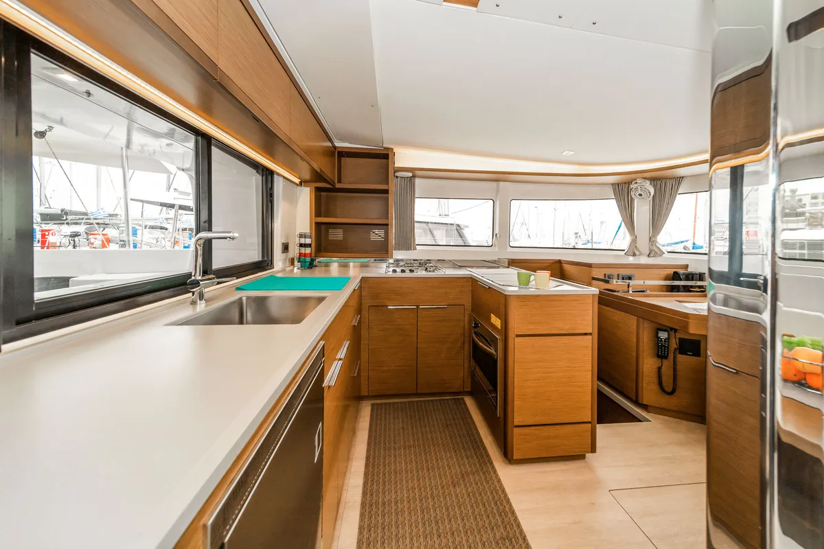 Galley of Lucky Dragon, a Lagoon 46 catamaran at Kos, Greece