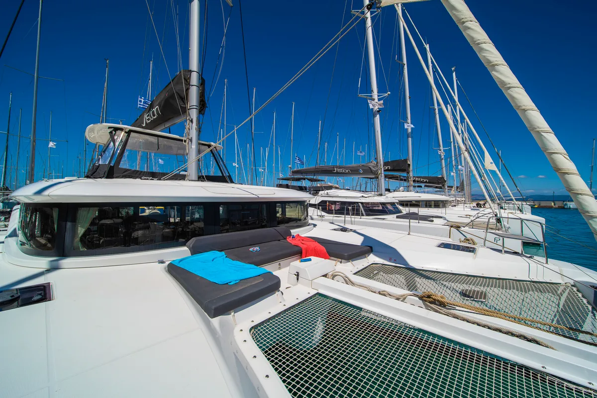 Deck of Lucky Dragon, a Lagoon 46 catamaran at Kos, Greece