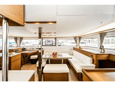 Salon of Lucky Dragon, a Lagoon 46 catamaran at Kos, Greece