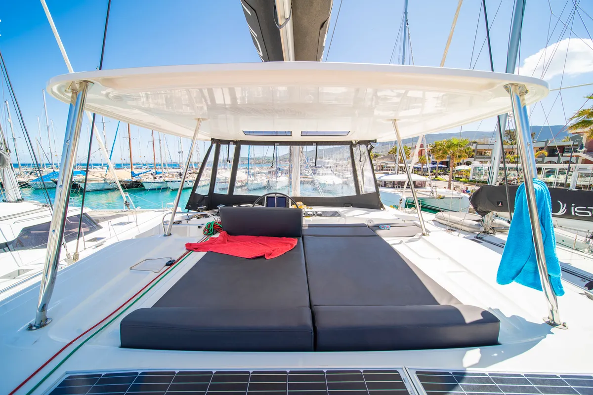 Deck of Lucky Dragon, a Lagoon 46 catamaran at Kos, Greece