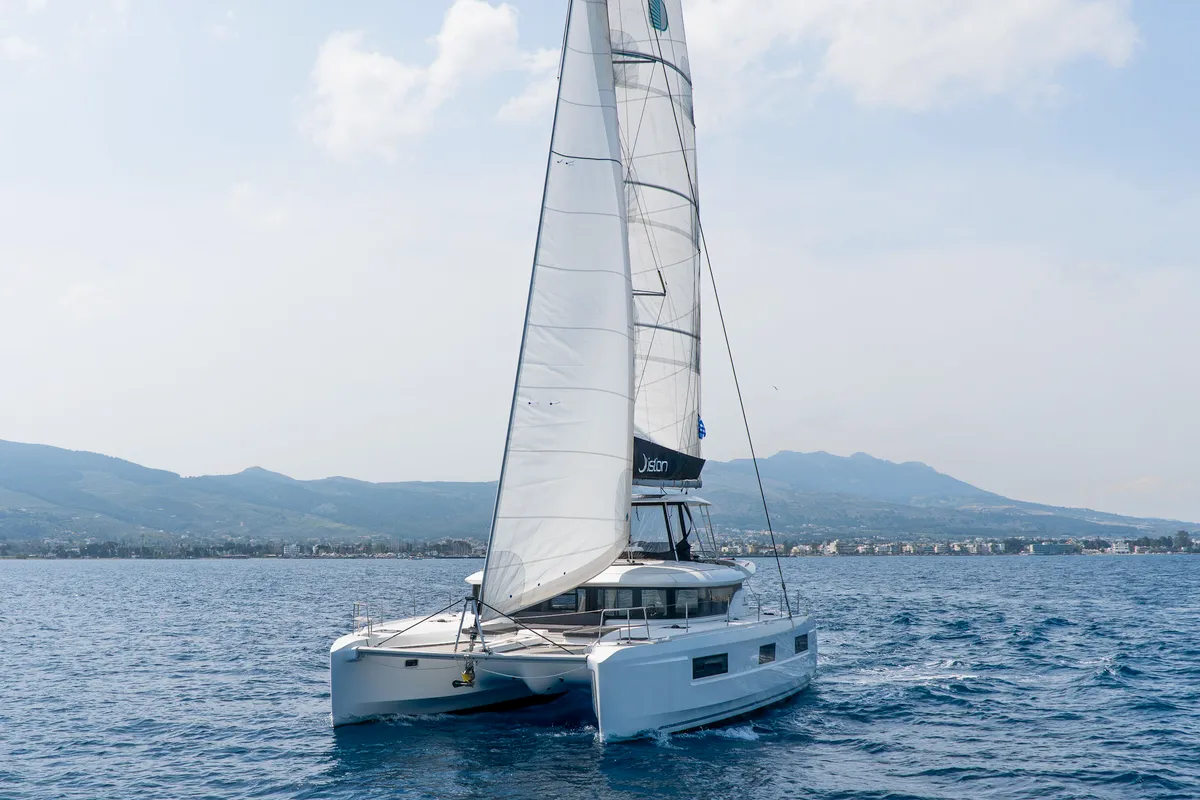 Exterior view of Lucky Dragon, a Lagoon 46 catamaran at Kos, Greece