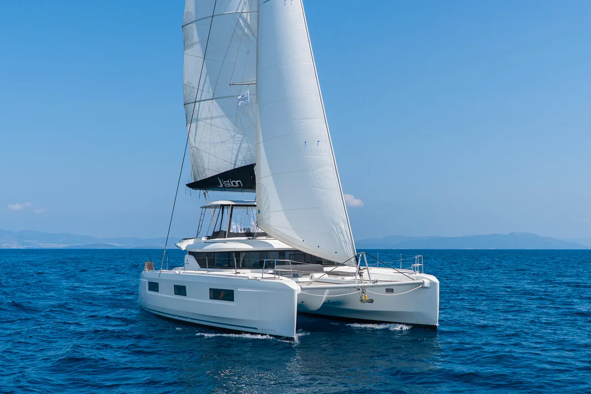 Exterior view of Lucky Dragon, a Lagoon 46 catamaran at Kos, Greece