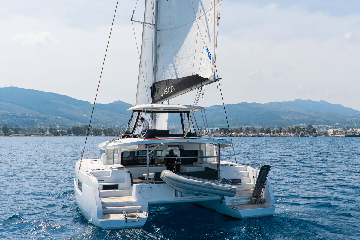 Exterior view of Lucky Dragon, a Lagoon 46 catamaran at Kos, Greece
