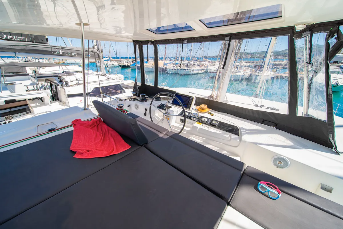 Cockpit of Lucky Dragon, a Lagoon 46 catamaran at Kos, Greece
