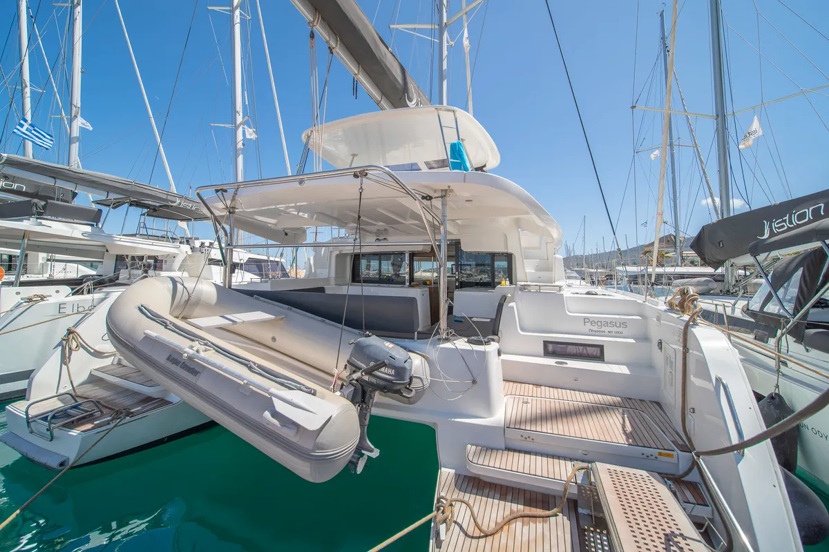 Deck of Lucky Dragon, a Lagoon 46 catamaran at Kos, Greece