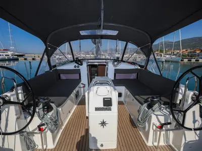 Cockpit of Dreamcatcher, a Jeanneau Sun Odyssey 440 sailboat at Grad Kaštela, Croatia