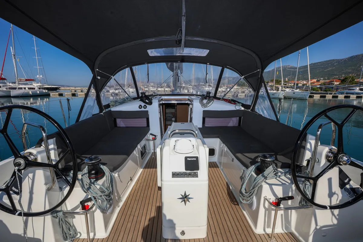 Cockpit of Dreamcatcher, a Jeanneau Sun Odyssey 440 sailboat at Grad Kaštela, Croatia