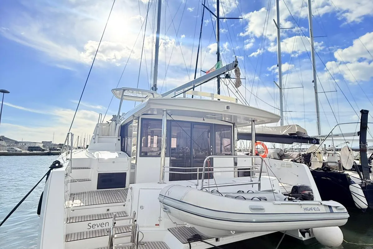 Exterior view of Seven, a Bali 4.4 catamaran at Figari, Italy
