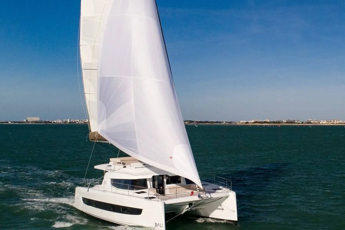 Exterior view of Seven, a Bali 4.4 catamaran at Figari, Italy