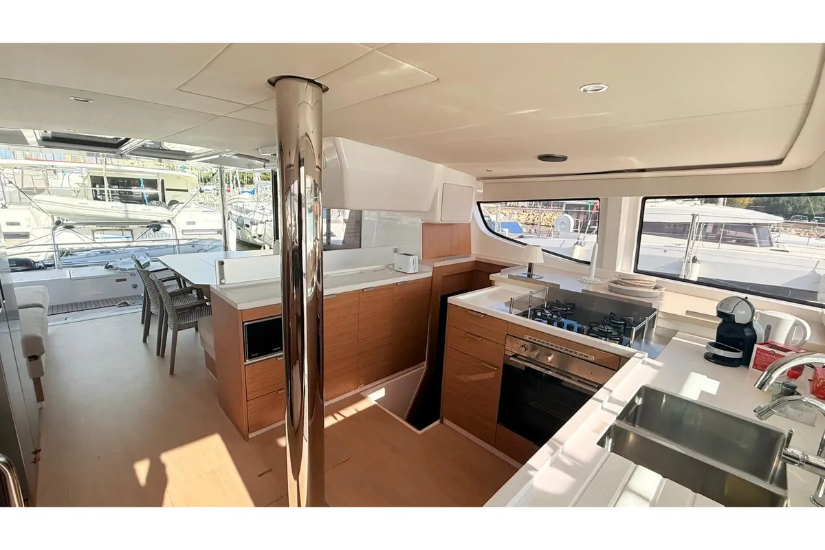 Galley of Seven, a Bali 4.4 catamaran at Figari, Italy