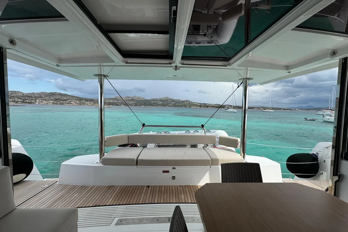 Deck of Seven, a Bali 4.4 catamaran at Figari, Italy