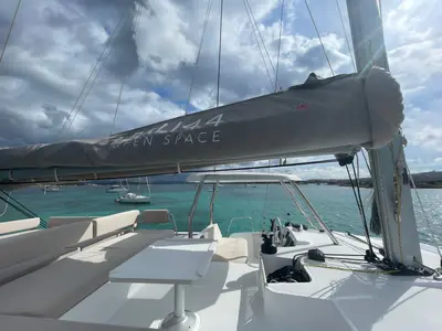 Cockpit of Seven, a Bali 4.4 catamaran at Figari, Italy