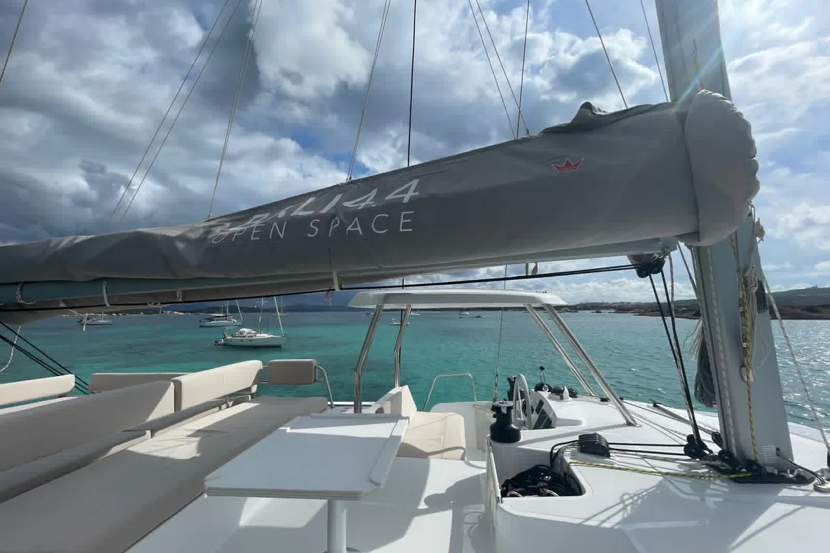 Cockpit of Seven, a Bali 4.4 catamaran at Figari, Italy
