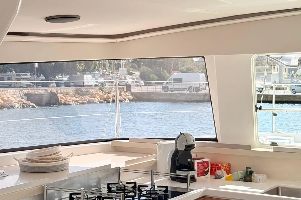 Galley of Seven, a Bali 4.4 catamaran at Figari, Italy