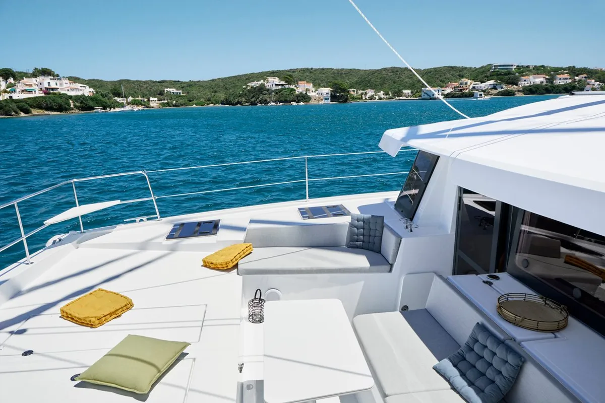 Deck of Seven, a Bali 4.4 catamaran at Figari, Italy