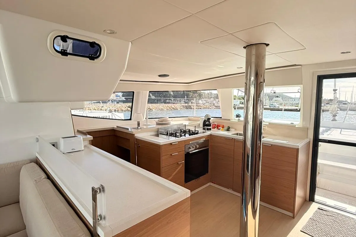Galley of Seven, a Bali 4.4 catamaran at Figari, Italy