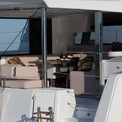 Deck of Seven, a Bali 4.4 catamaran at Figari, Italy